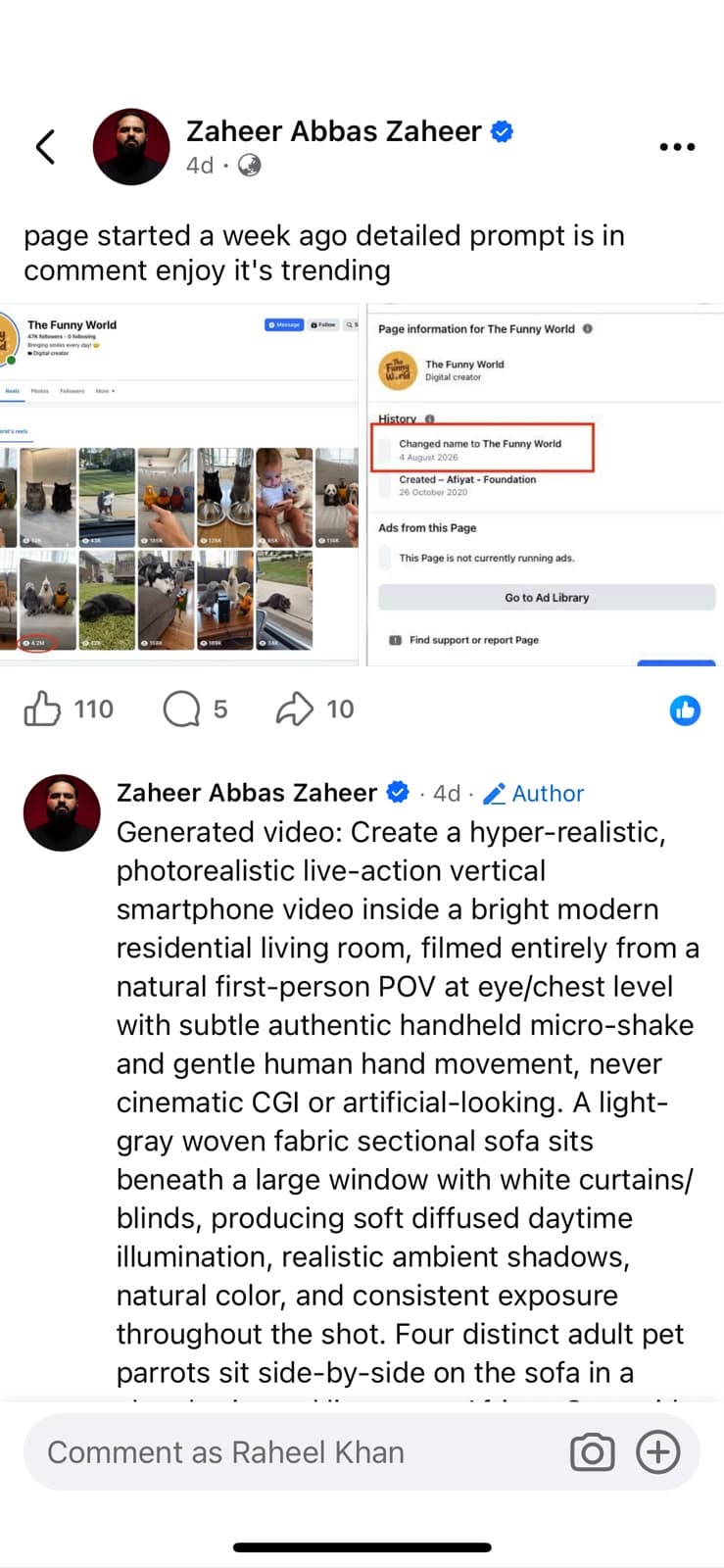 Facebook post from creator Zaheer Abbas Zaheer breaking down the Page's growth and sharing the production prompt