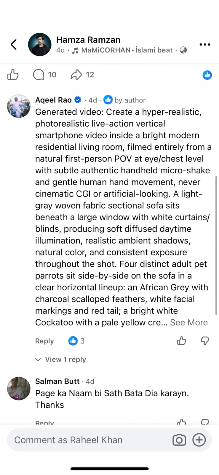 Comment thread with the full generated-video prompt shared as a case study