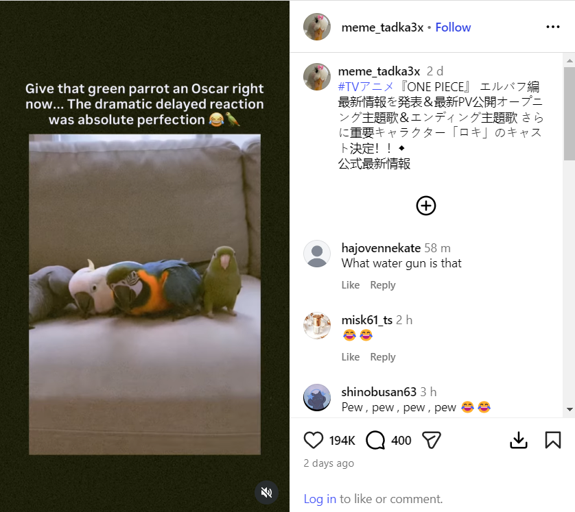 Third-party repost of the Page's parrot content generating 194K likes